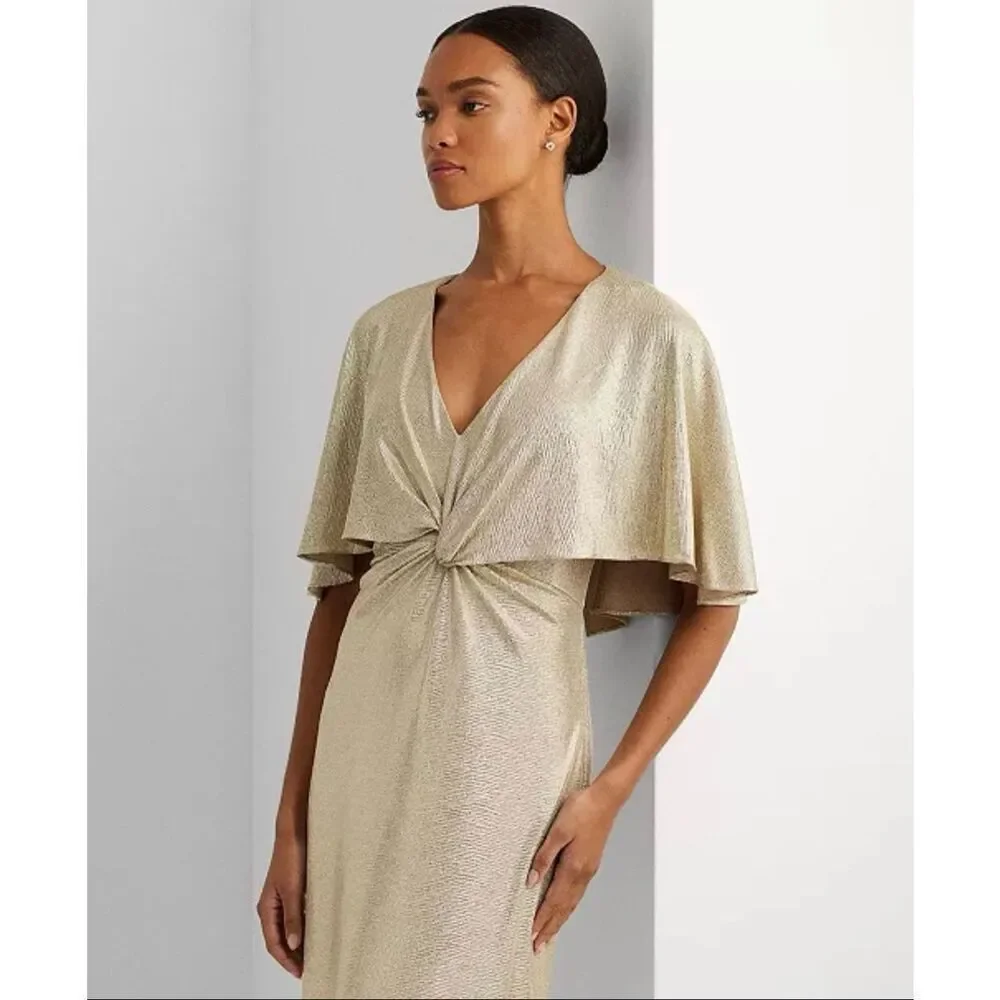 Lauren Ralph Lauren Twist-Front Foil Print Cape-Overlay Gown Gold/Tan 18 - Picture 4 of 7